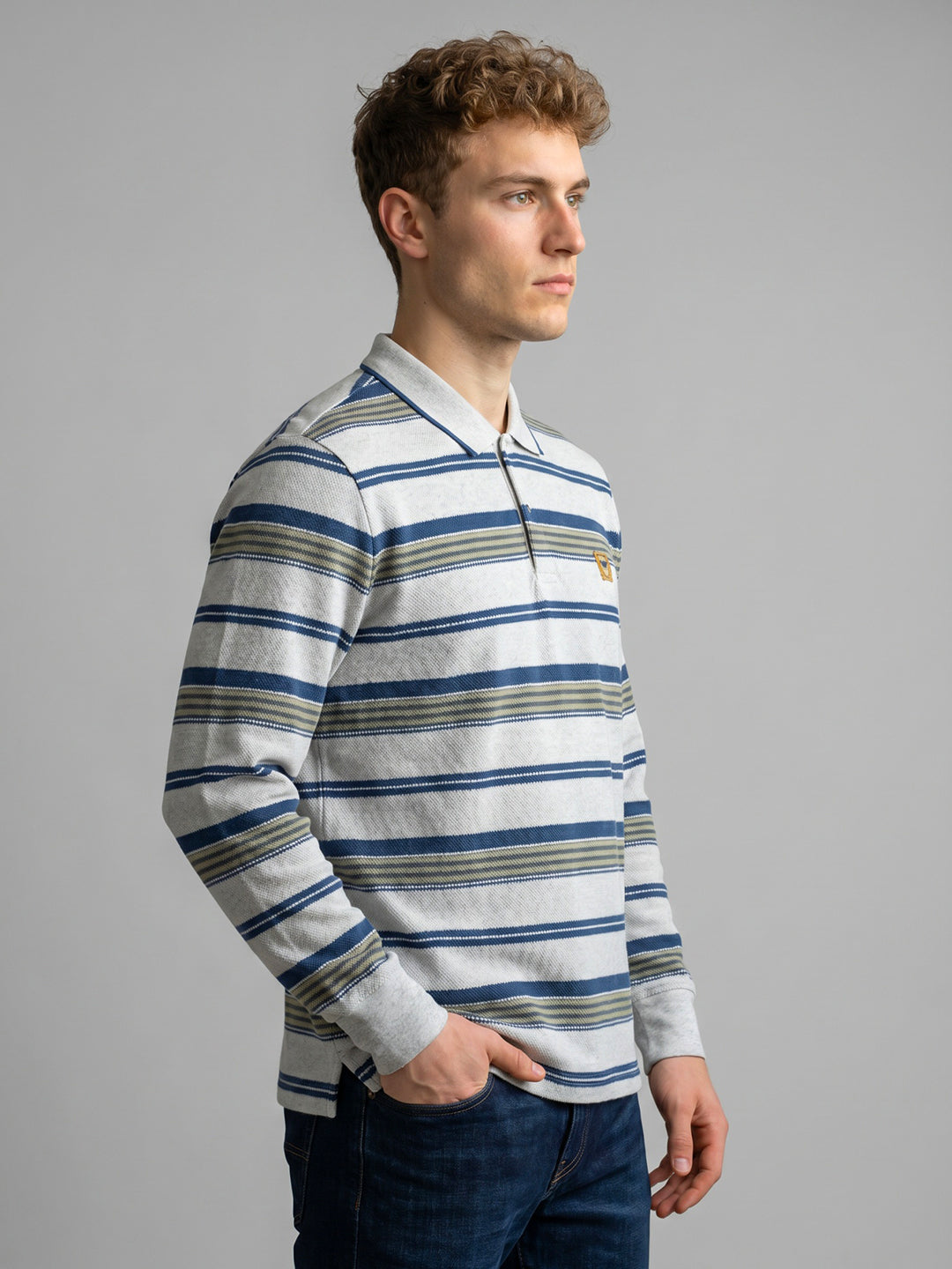 Men White Stripe Polo Collar Full Sleeve T-Shirt