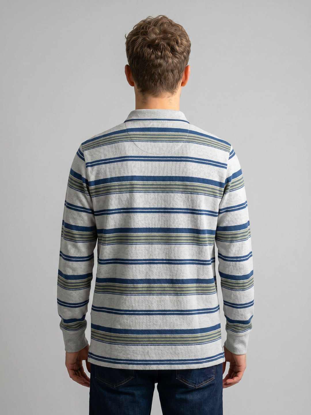 Men White Stripe Polo Collar Full Sleeve T-Shirt