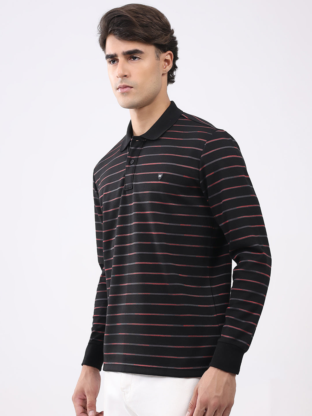 Men Black Stripe Collar Full Sleeve Winter T-Shirt