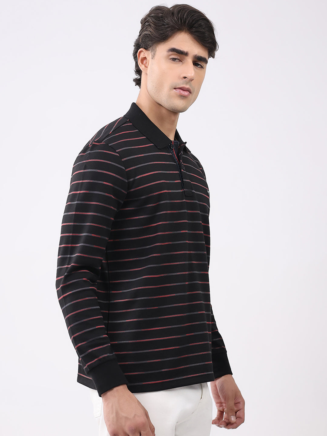 Men Black Stripe Collar Full Sleeve Winter T-Shirt