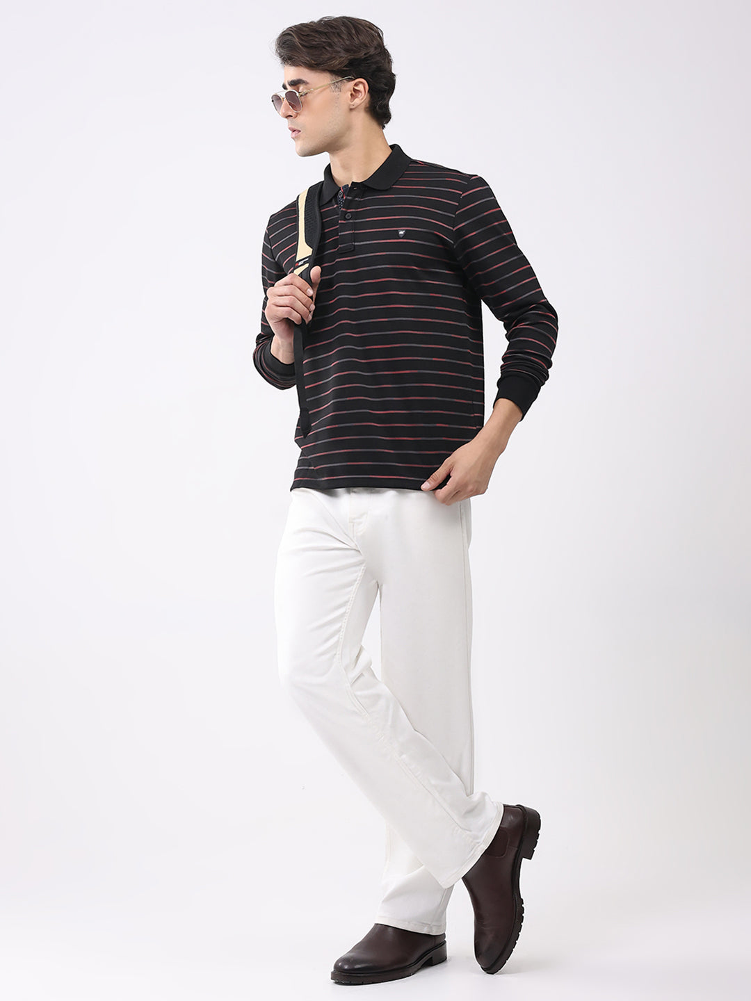 Men Black Stripe Collar Full Sleeve Winter T-Shirt