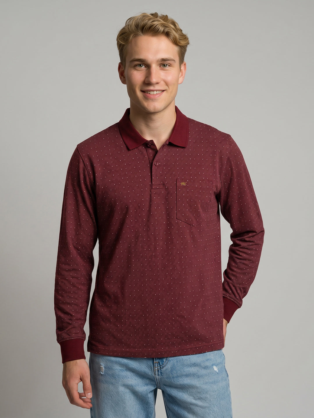 Men Maroon Self Design Polo Collar Full Sleeve T-Shirt