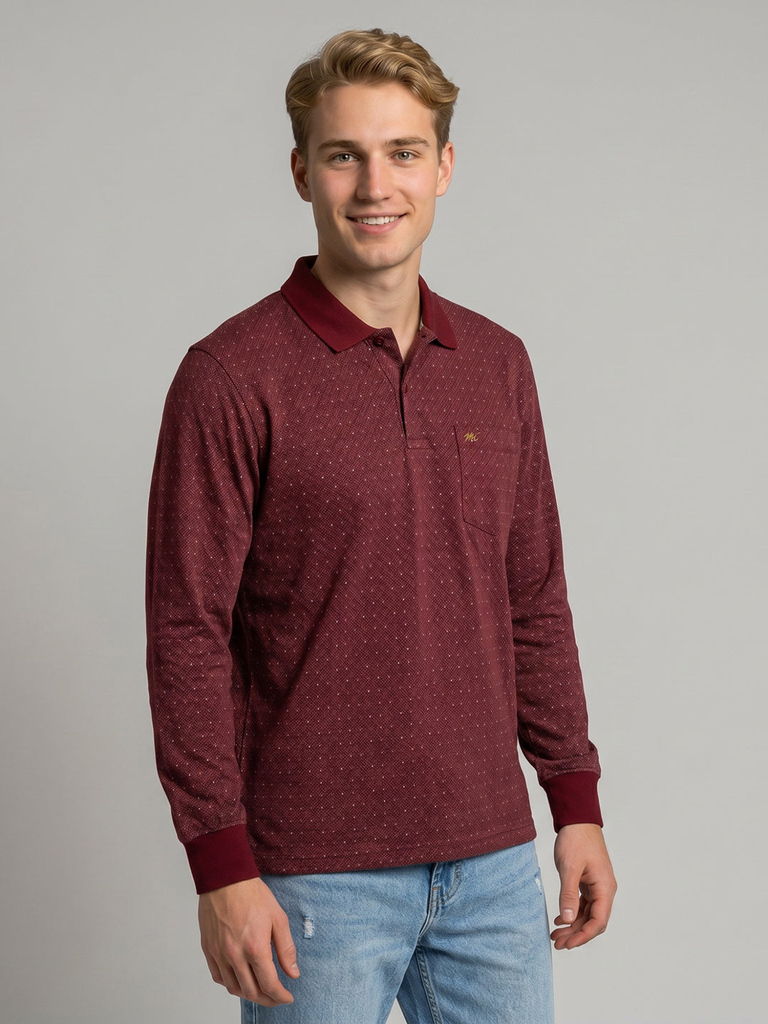 Men Maroon Self Design Polo Collar Full Sleeve T-Shirt