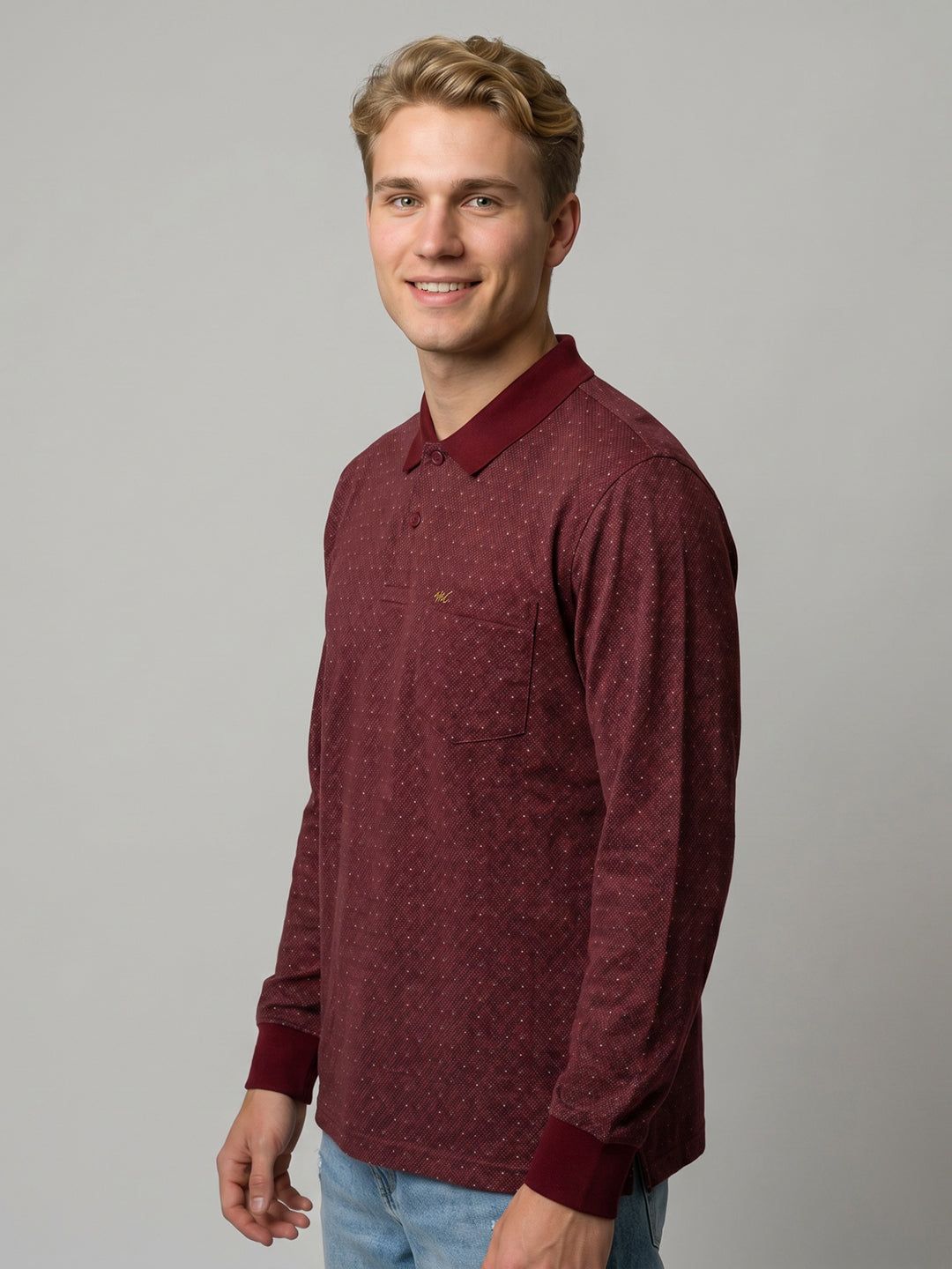 Men Maroon Self Design Polo Collar Full Sleeve T-Shirt