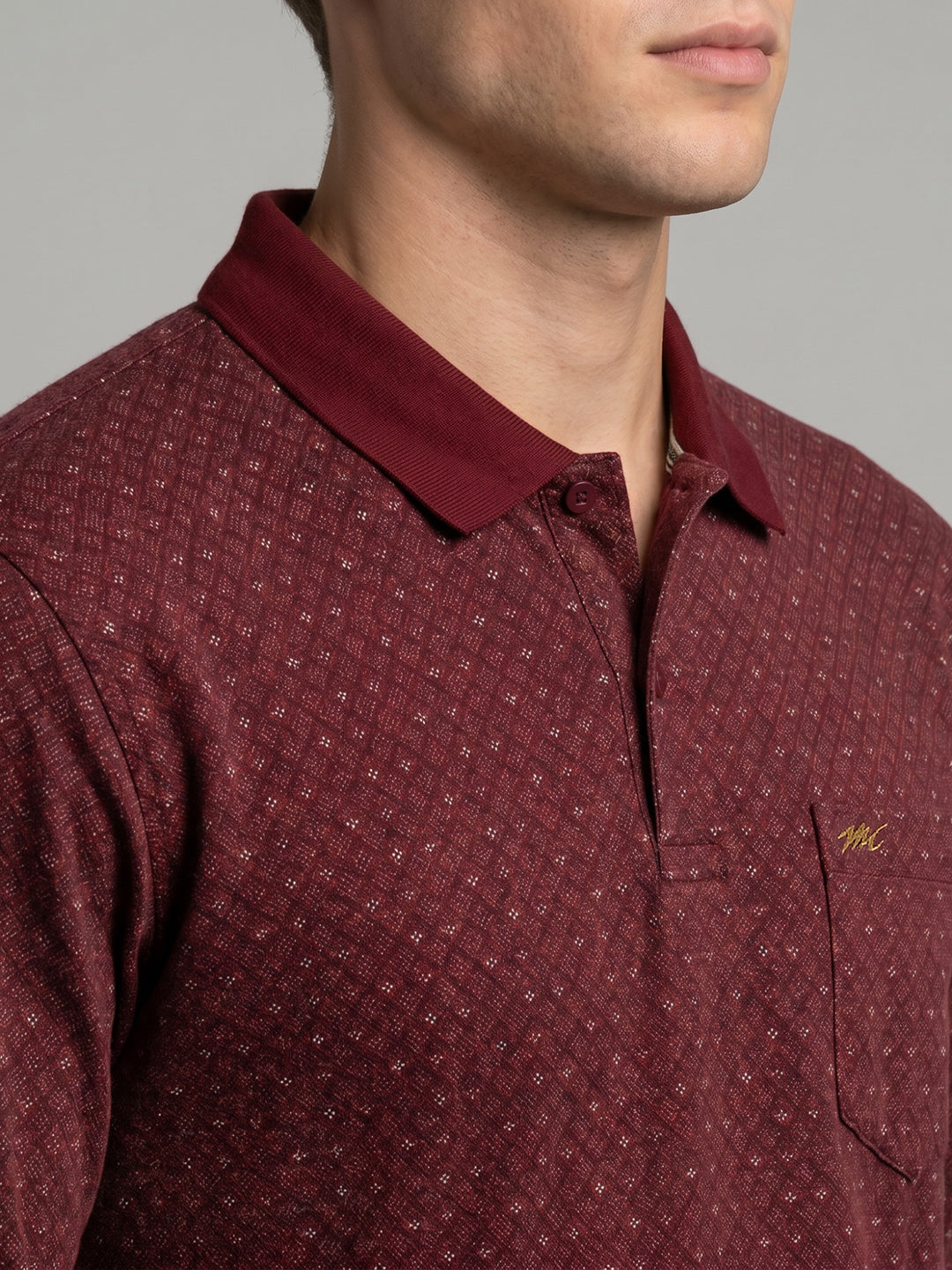 Men Maroon Self Design Polo Collar Full Sleeve T-Shirt