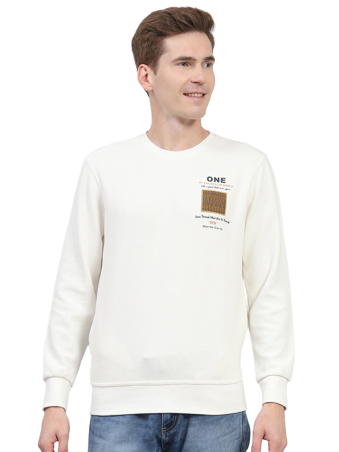 Men Off White Printed Round Neck Full Sleeve Winter T-Shirt