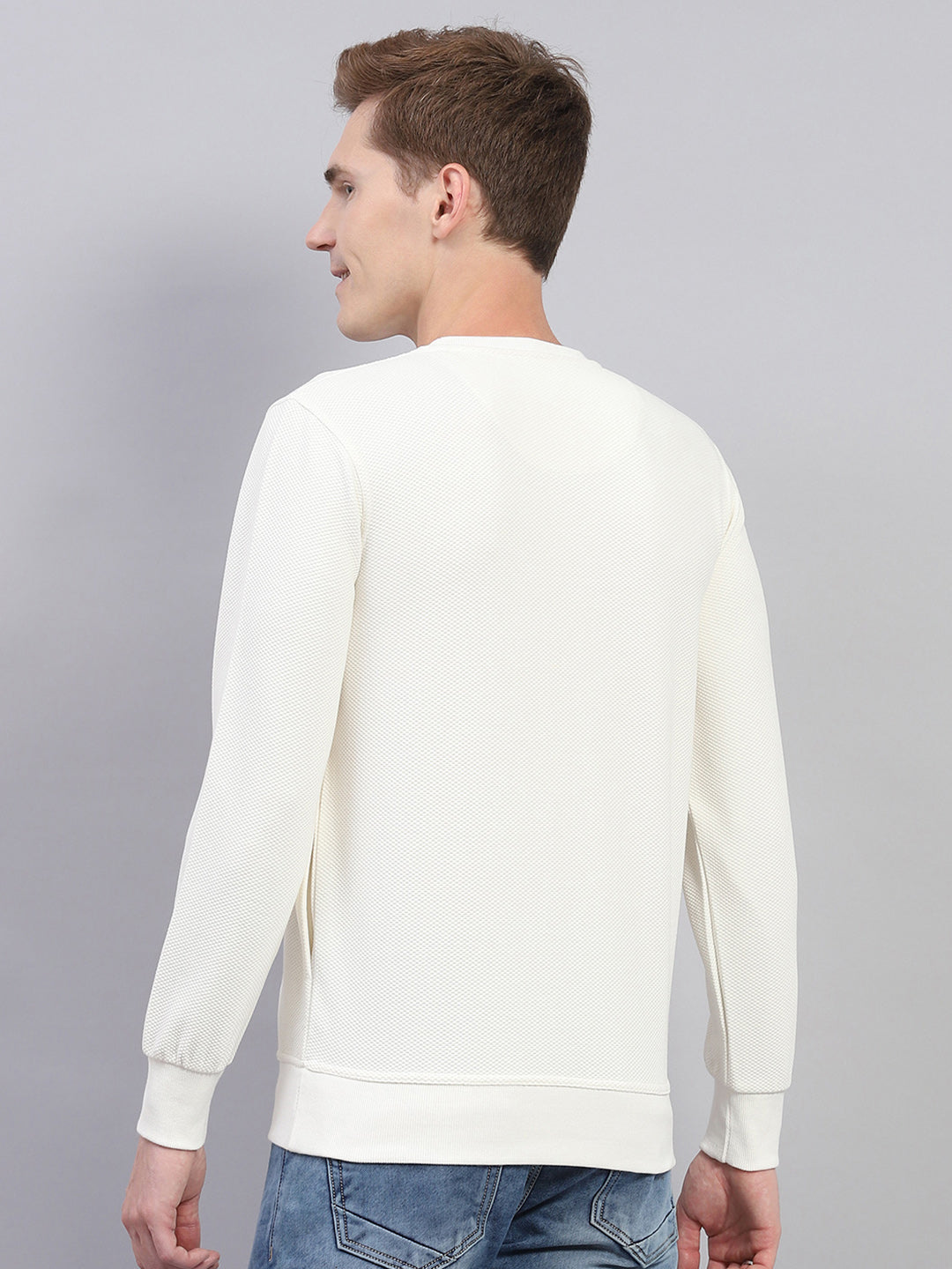 Men Off White Printed Round Neck Full Sleeve Winter T-Shirt