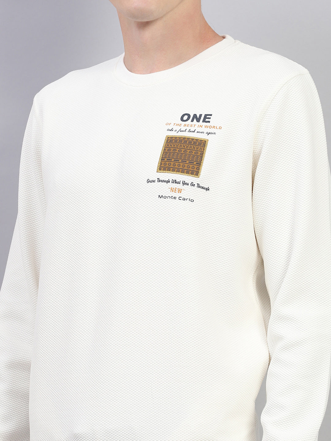Men Off White Printed Round Neck Full Sleeve Winter T-Shirt