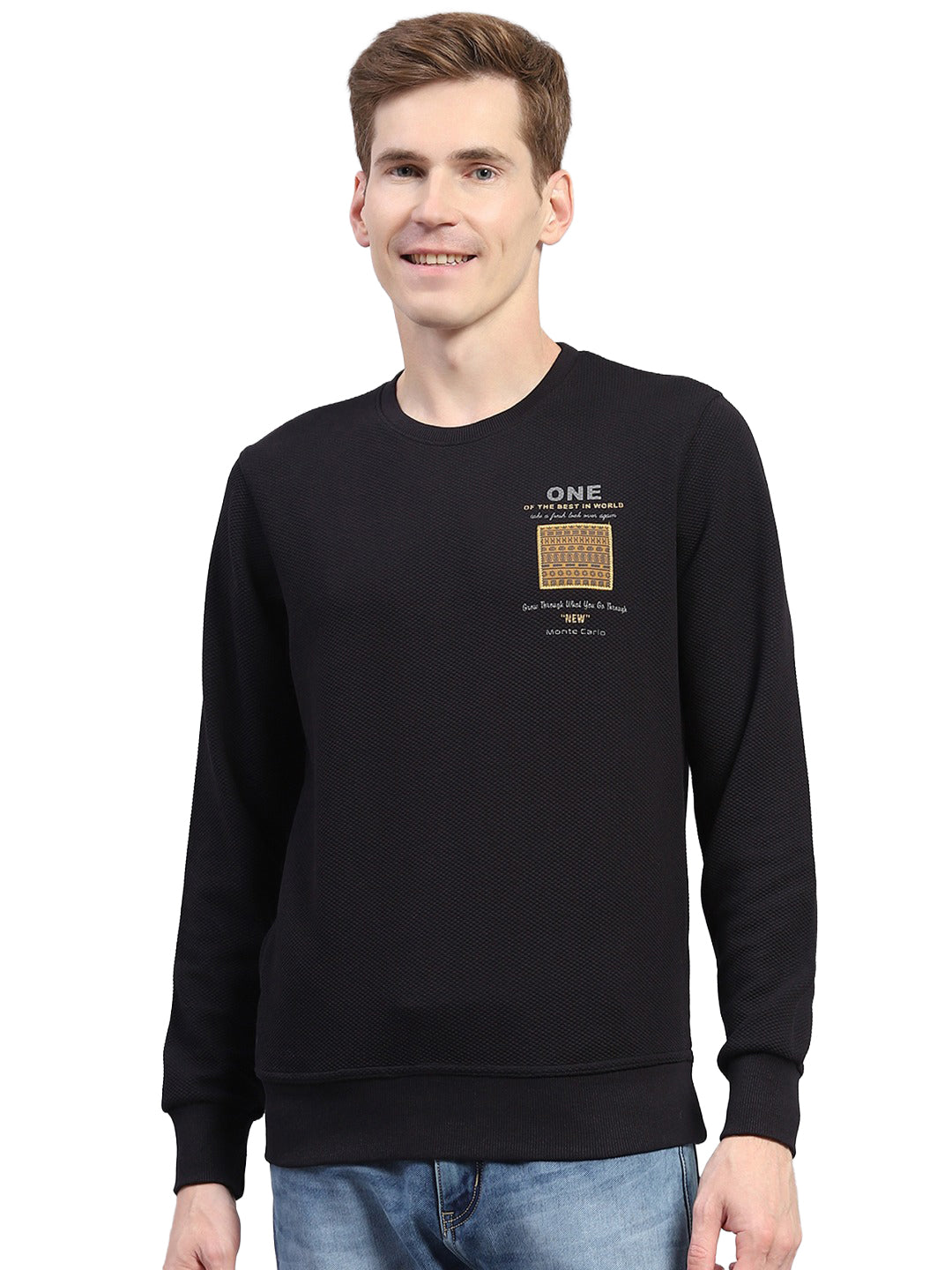 Men Navy Blue Printed Round Neck Full Sleeve Winter T-Shirt