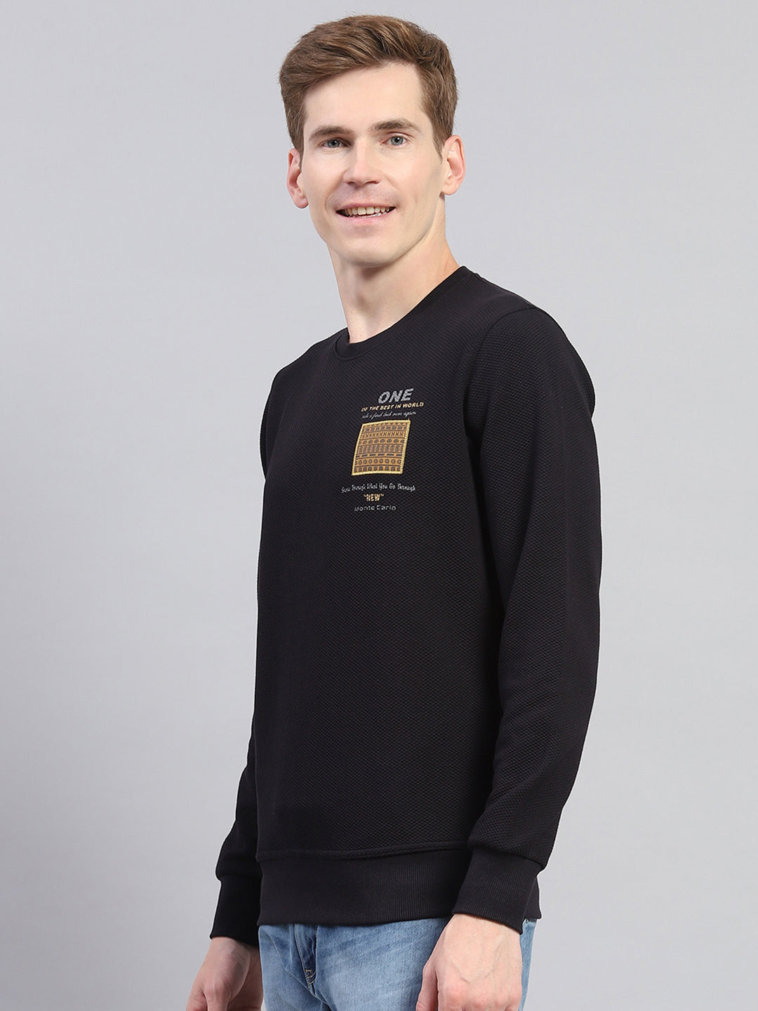 Men Navy Blue Printed Round Neck Full Sleeve Winter T-Shirt