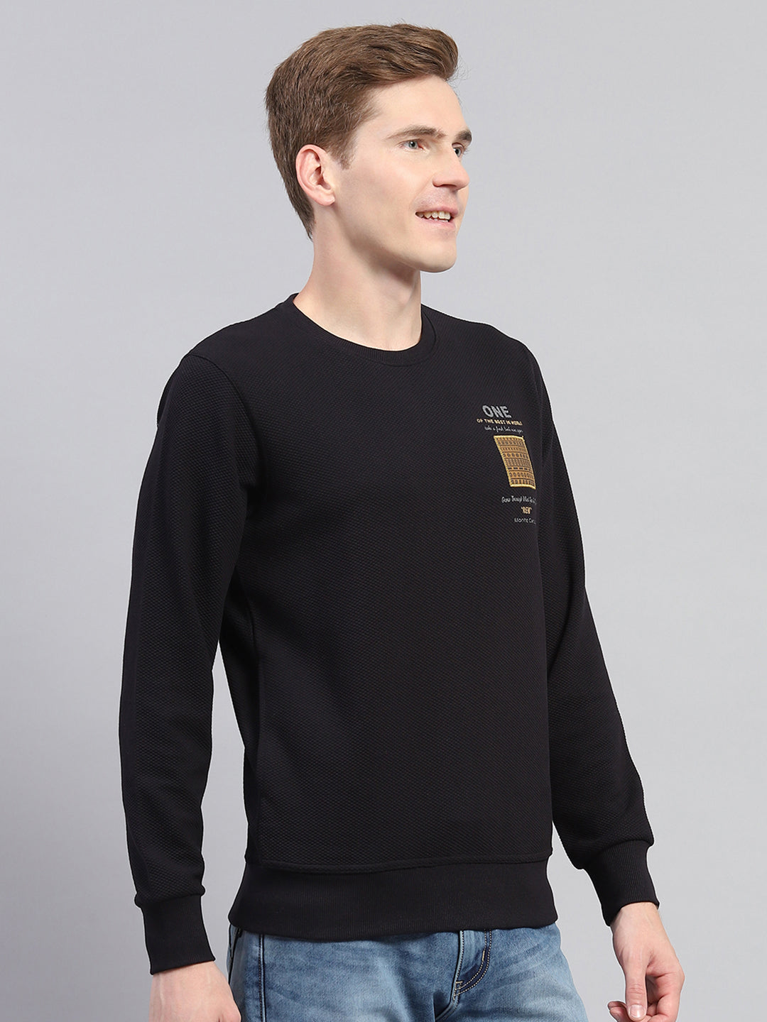 Men Navy Blue Printed Round Neck Full Sleeve Winter T-Shirt