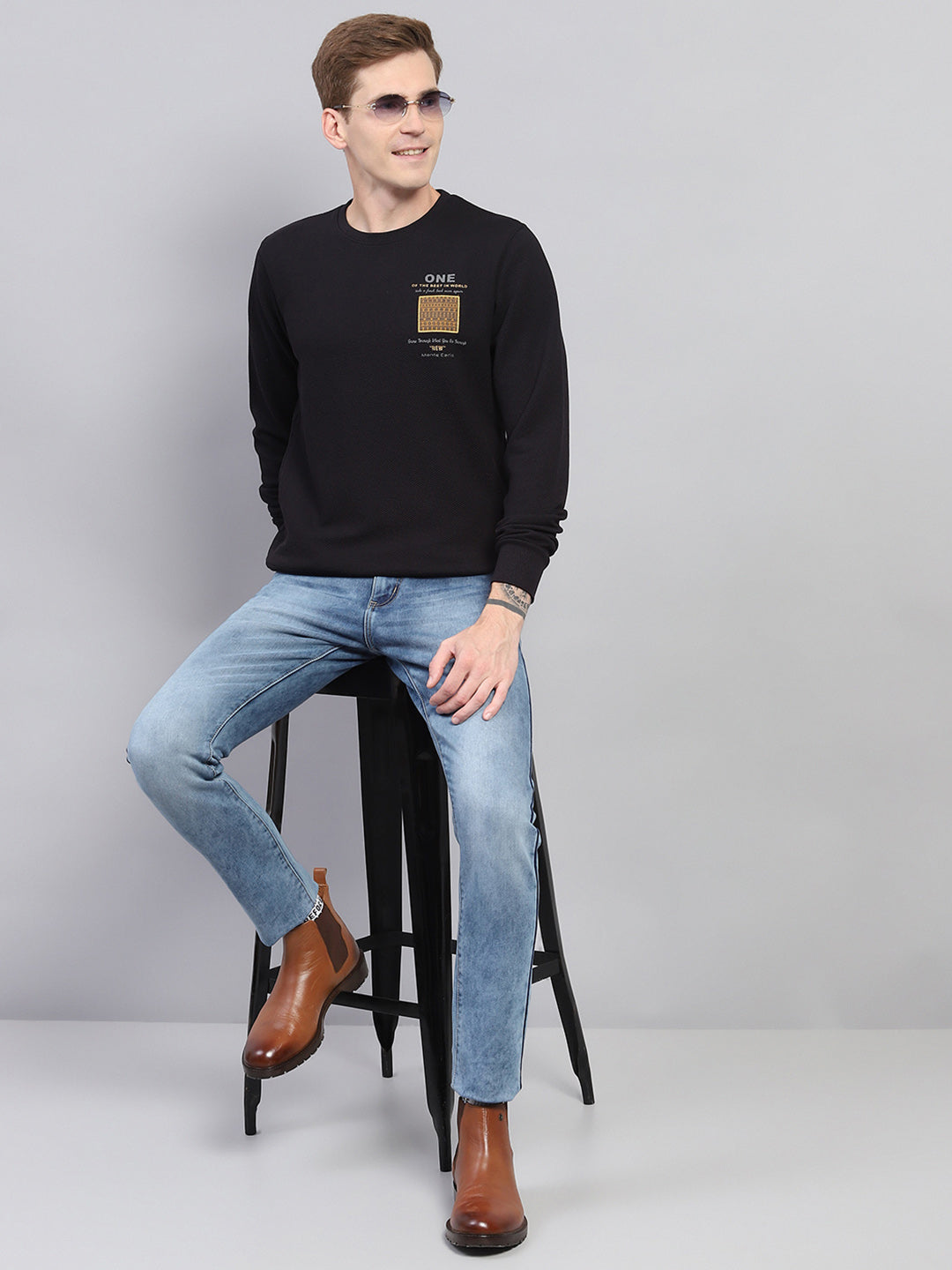 Men Navy Blue Printed Round Neck Full Sleeve Winter T-Shirt