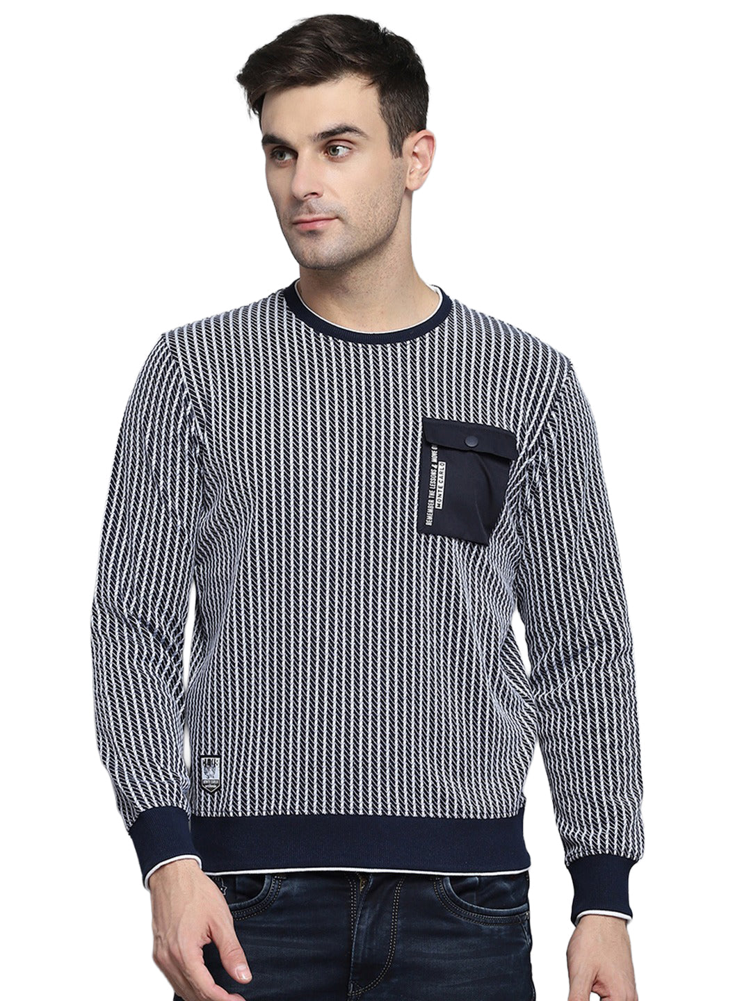 Men Navy Blue Printed Round Neck Full Sleeve Winter T-Shirt
