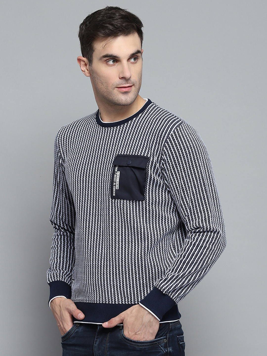Men Navy Blue Printed Round Neck Full Sleeve Winter T-Shirt