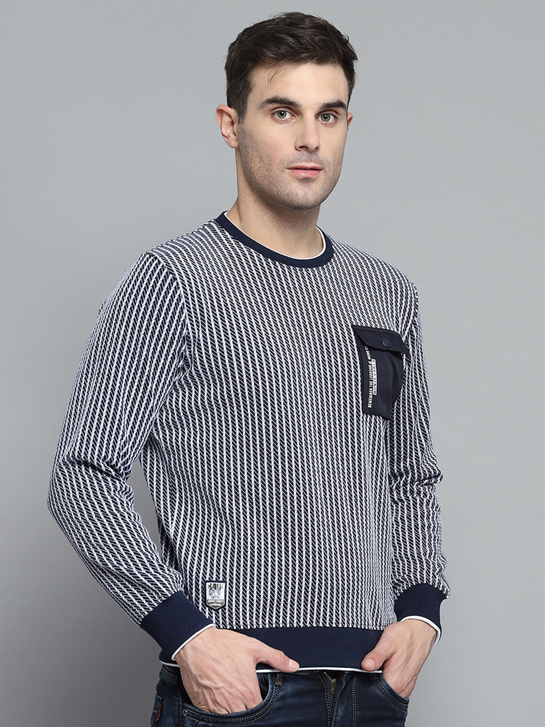 Men Navy Blue Printed Round Neck Full Sleeve Winter T-Shirt