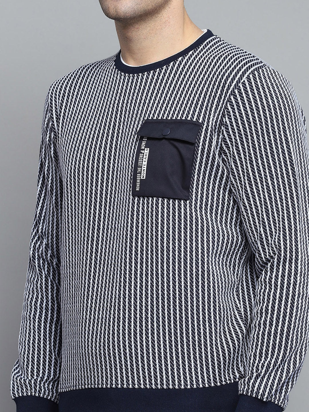 Men Navy Blue Printed Round Neck Full Sleeve Winter T-Shirt