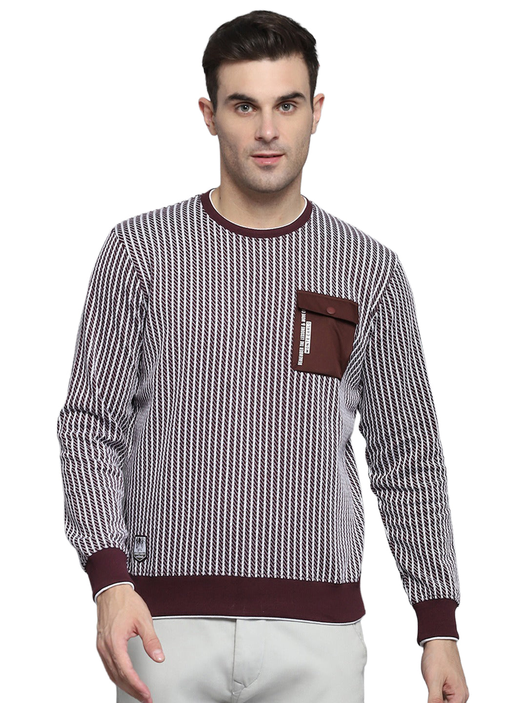 Men Maroon Printed Round Neck Full Sleeve Winter T-Shirt