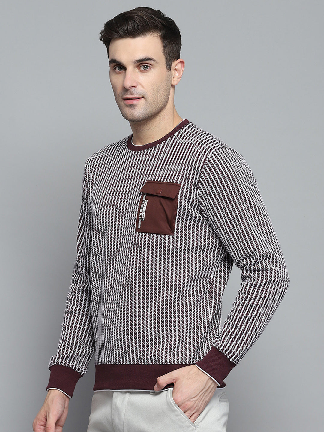 Men Maroon Printed Round Neck Full Sleeve Winter T-Shirt