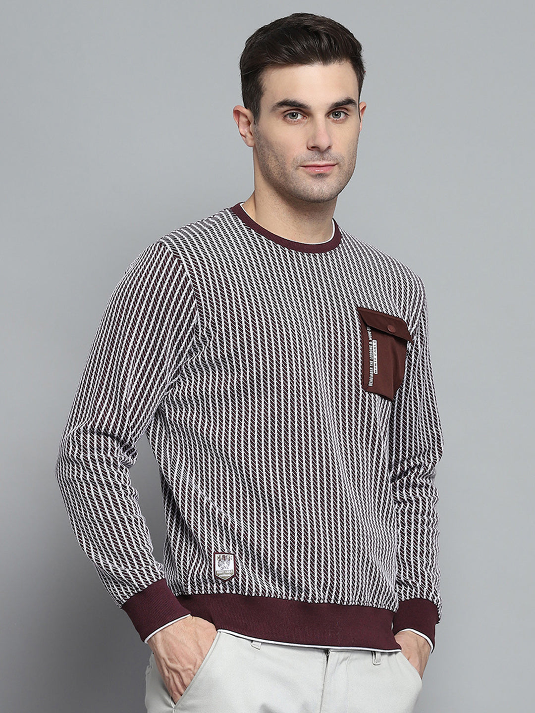 Men Maroon Printed Round Neck Full Sleeve Winter T-Shirt