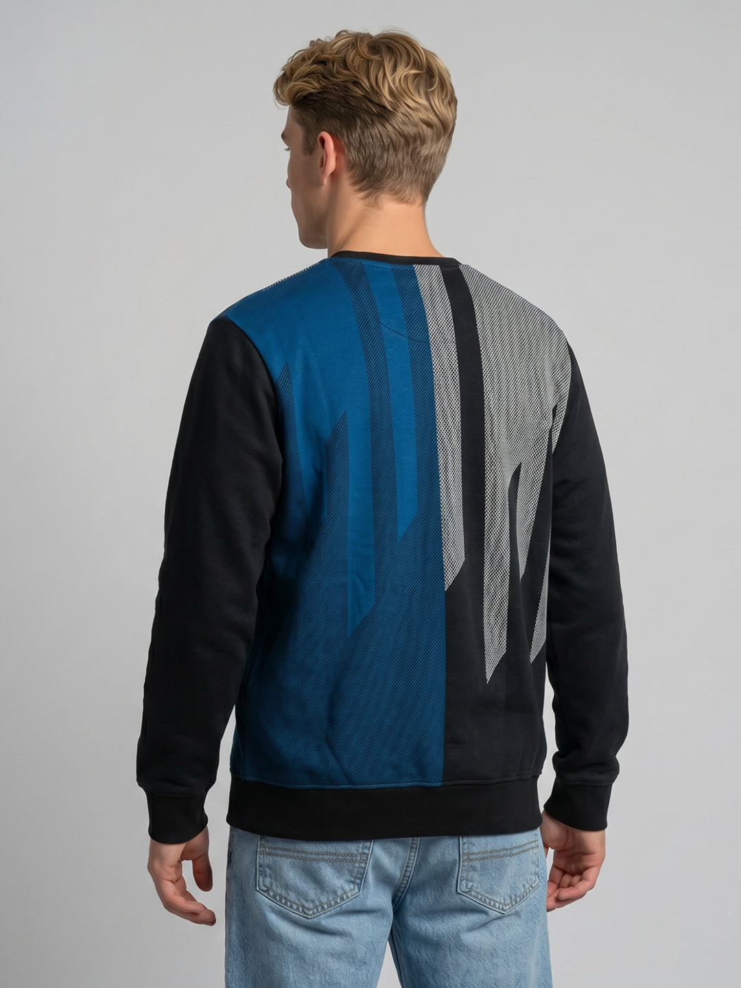 Men Blue Printed Round Neck Full Sleeve T-Shirt