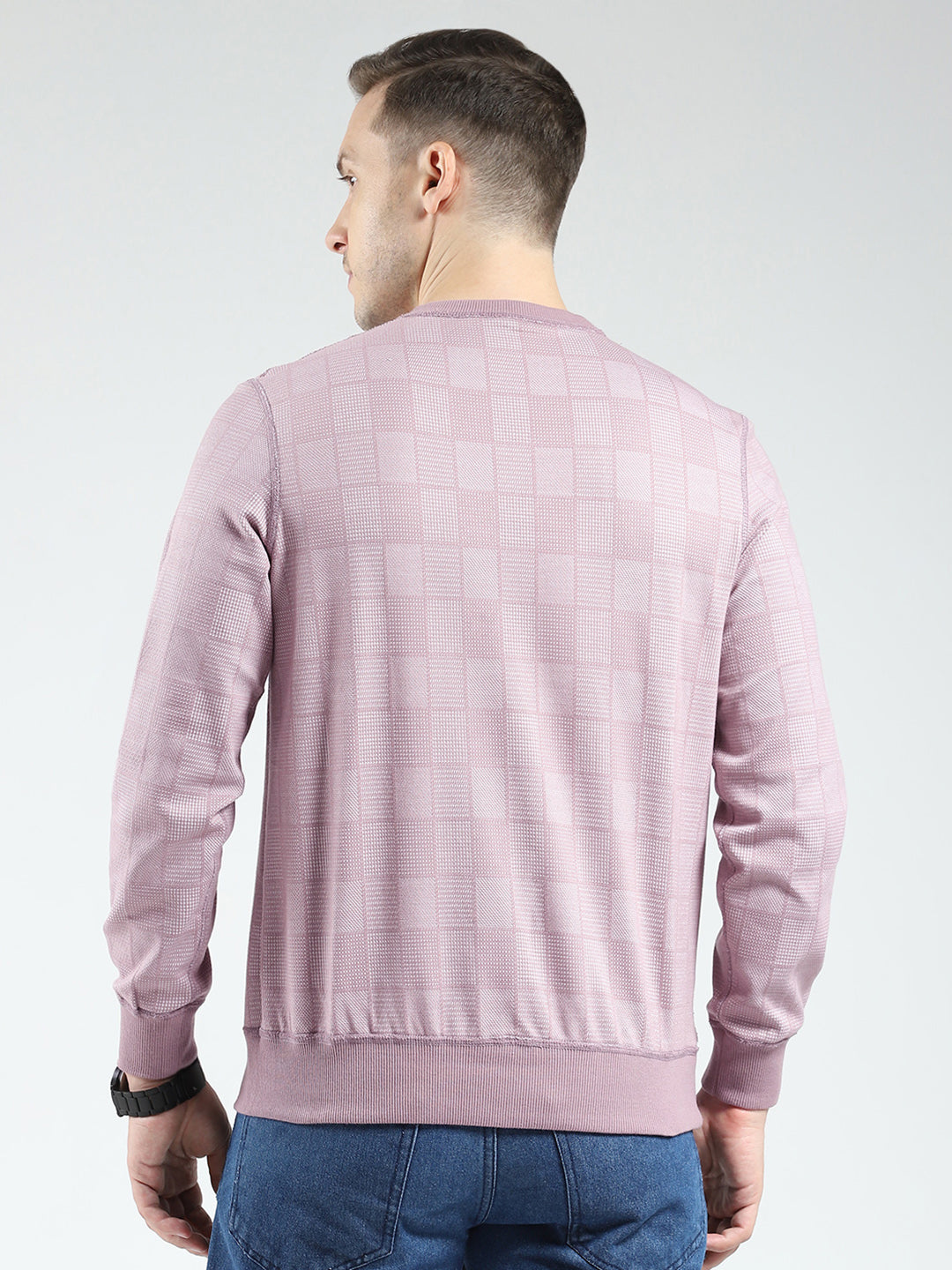 Men Pink Self Design Round Neck Full Sleeve Reversible Winter T-Shirt