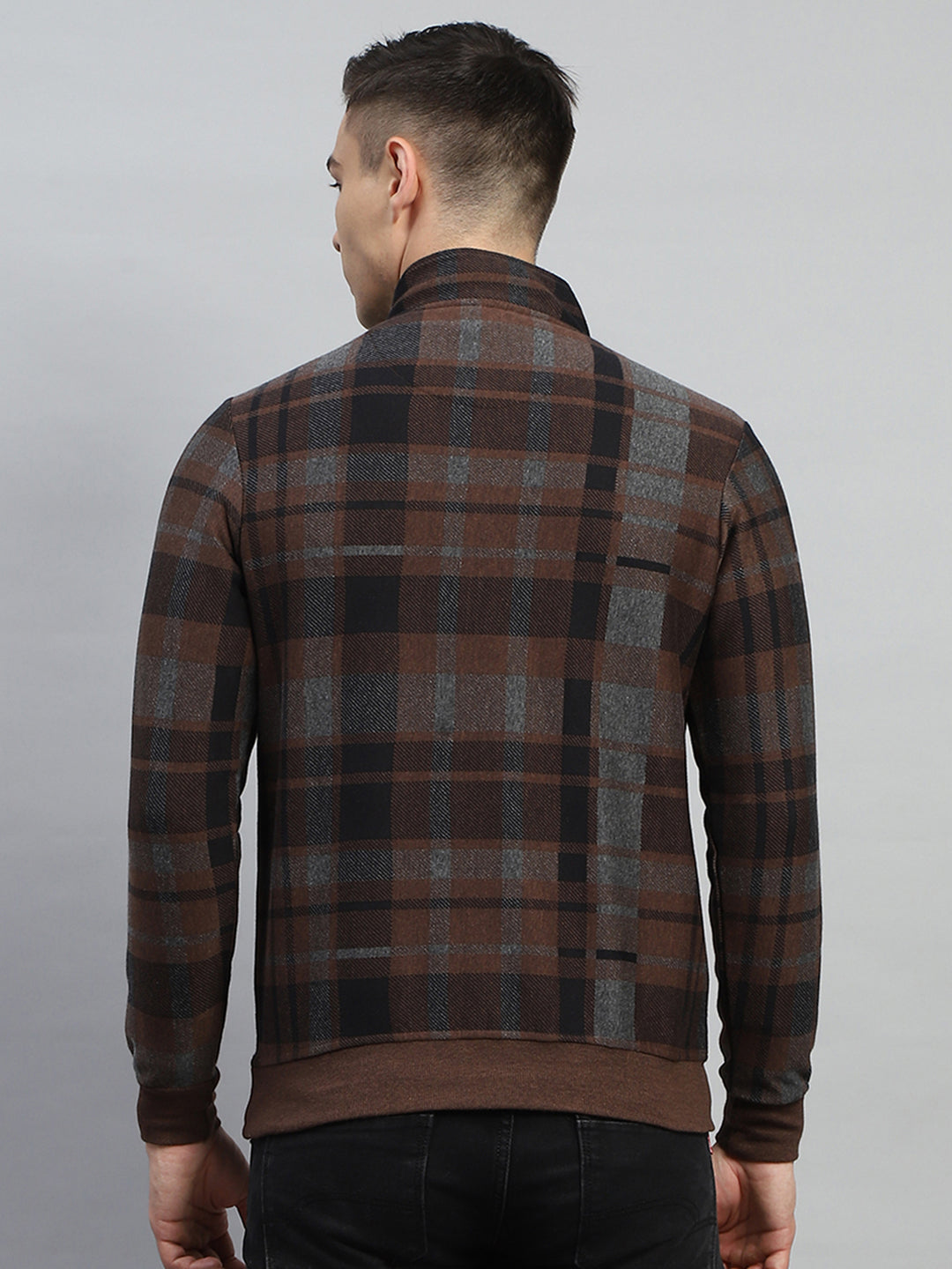 Men Brown Check Mock Neck Full Sleeve Winter T-Shirt