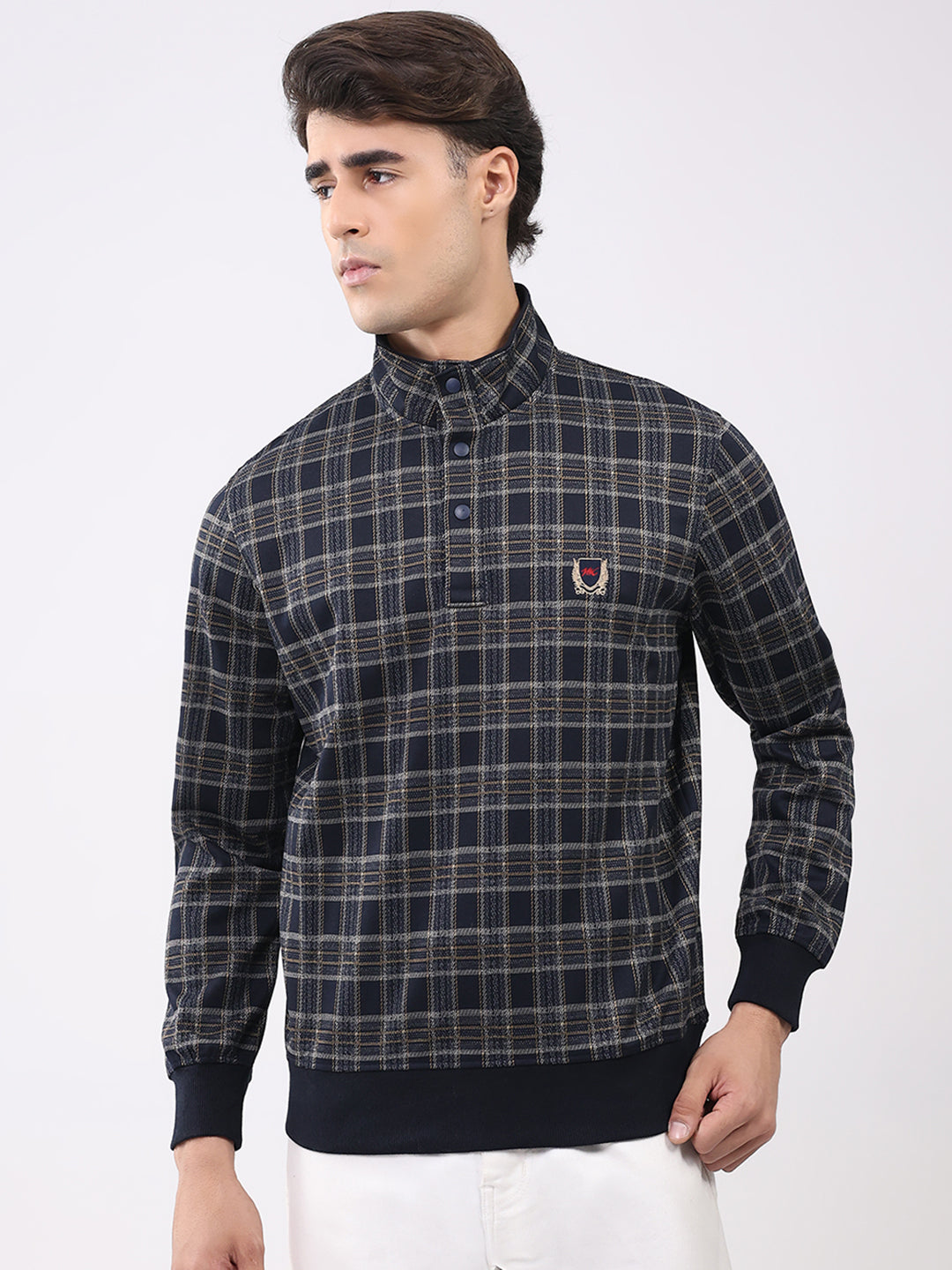 Men Navy Blue Self Design Mock Neck Full Sleeve Winter T-Shirt