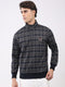 Men Navy Blue Self Design Mock Neck Full Sleeve Winter T-Shirt