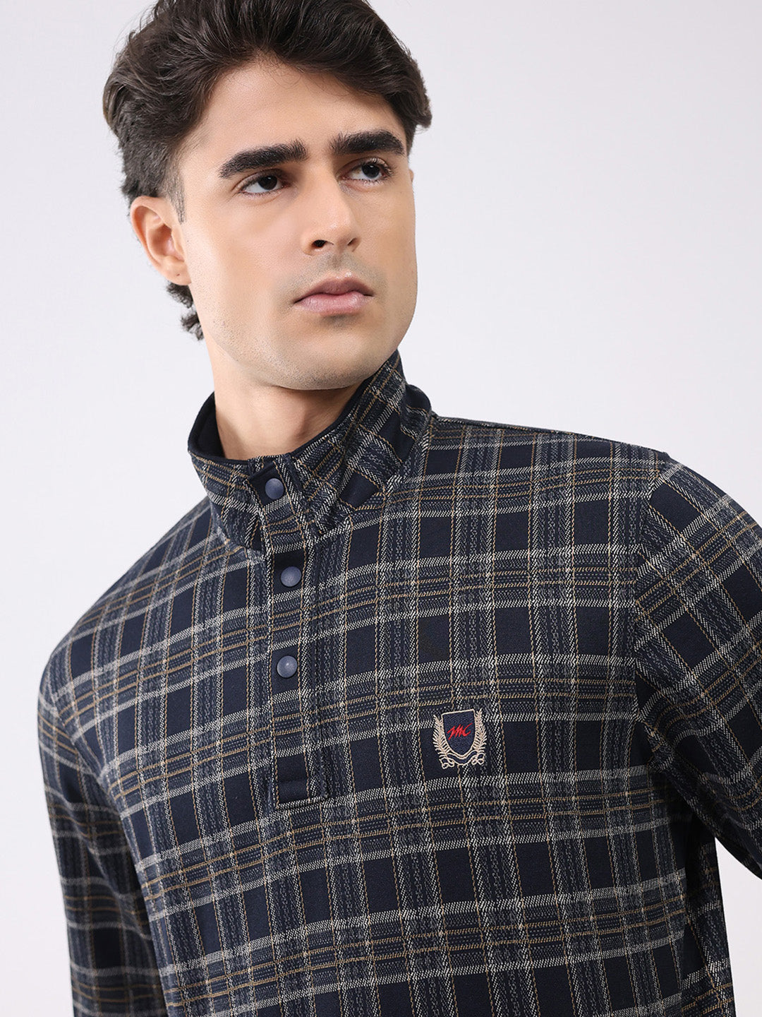 Men Navy Blue Self Design Mock Neck Full Sleeve Winter T-Shirt
