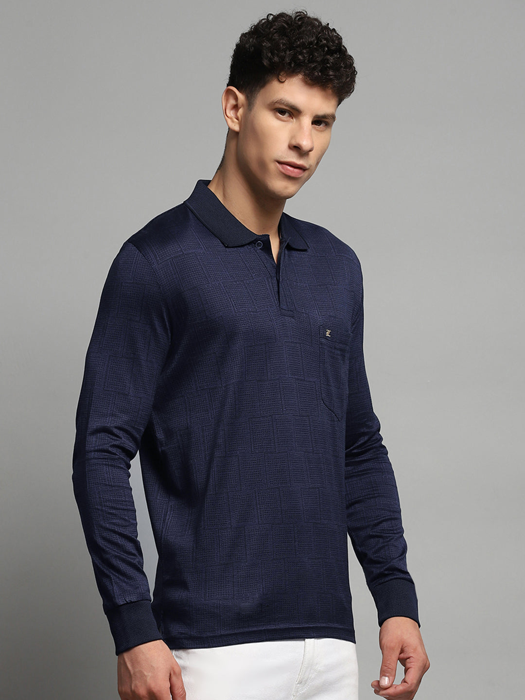 Luxuria Men Navy Blue Self Design Collar Full Sleeve Winter T-Shirt