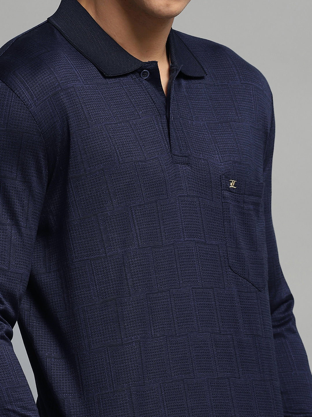 Luxuria Men Navy Blue Self Design Collar Full Sleeve Winter T-Shirt