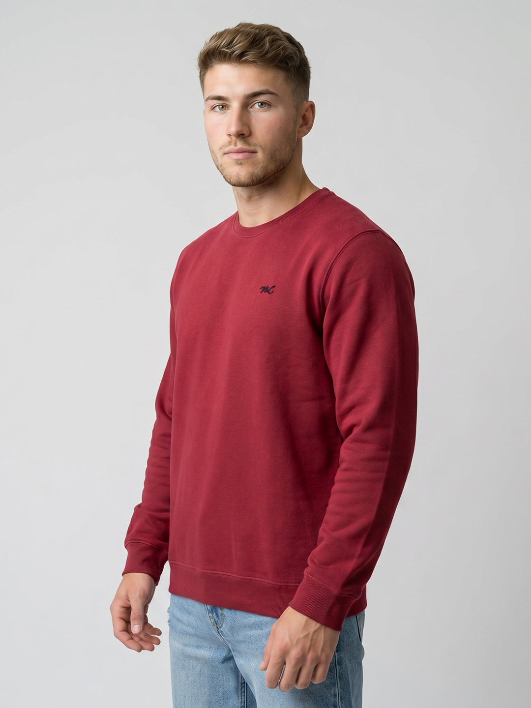 Men Maroon Embroidered Round Neck Full Sleeve T-Shirt