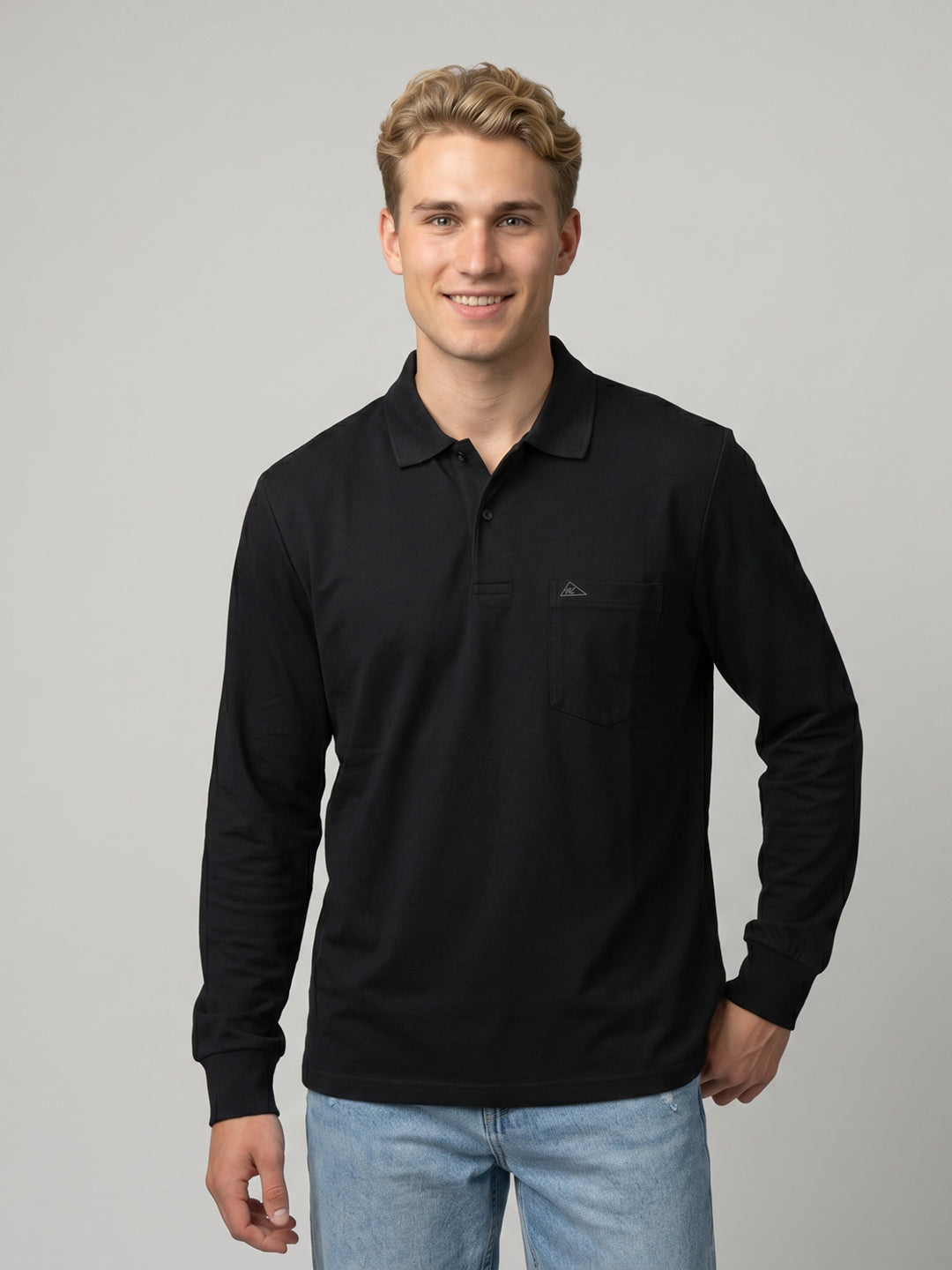 Men Black Solid Polo Collar Full Sleeve Winter T-Shirt