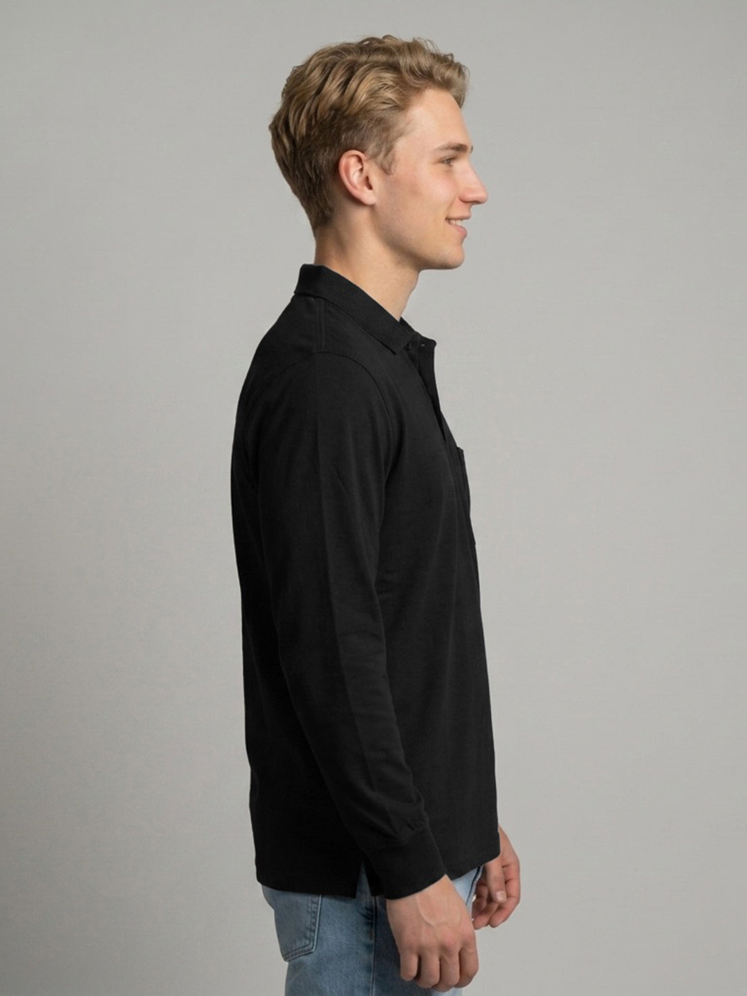 Men Black Solid Polo Collar Full Sleeve Winter T-Shirt