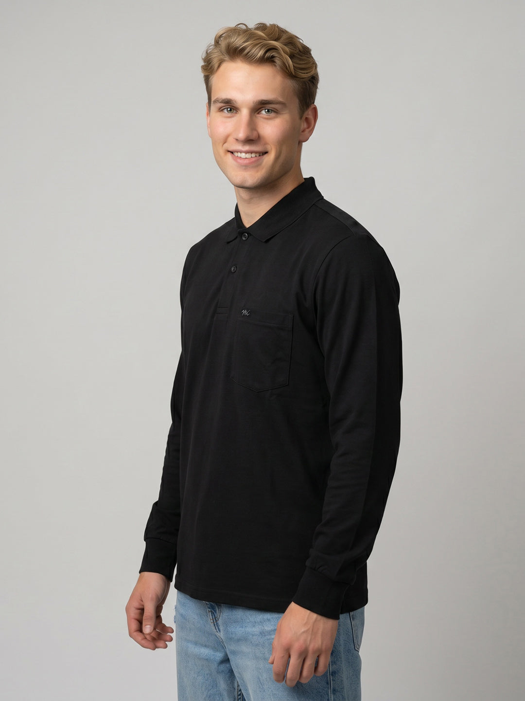 Men Black Solid Polo Collar Full Sleeve Winter T-Shirt