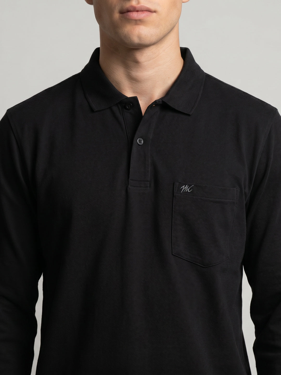 Men Black Solid Polo Collar Full Sleeve Winter T-Shirt