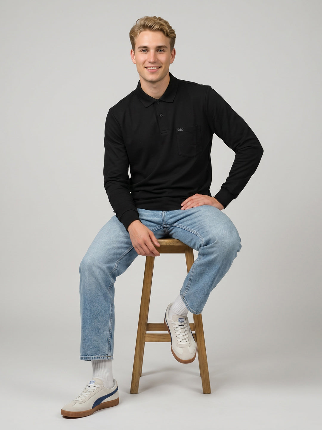 Men Black Solid Polo Collar Full Sleeve Winter T-Shirt