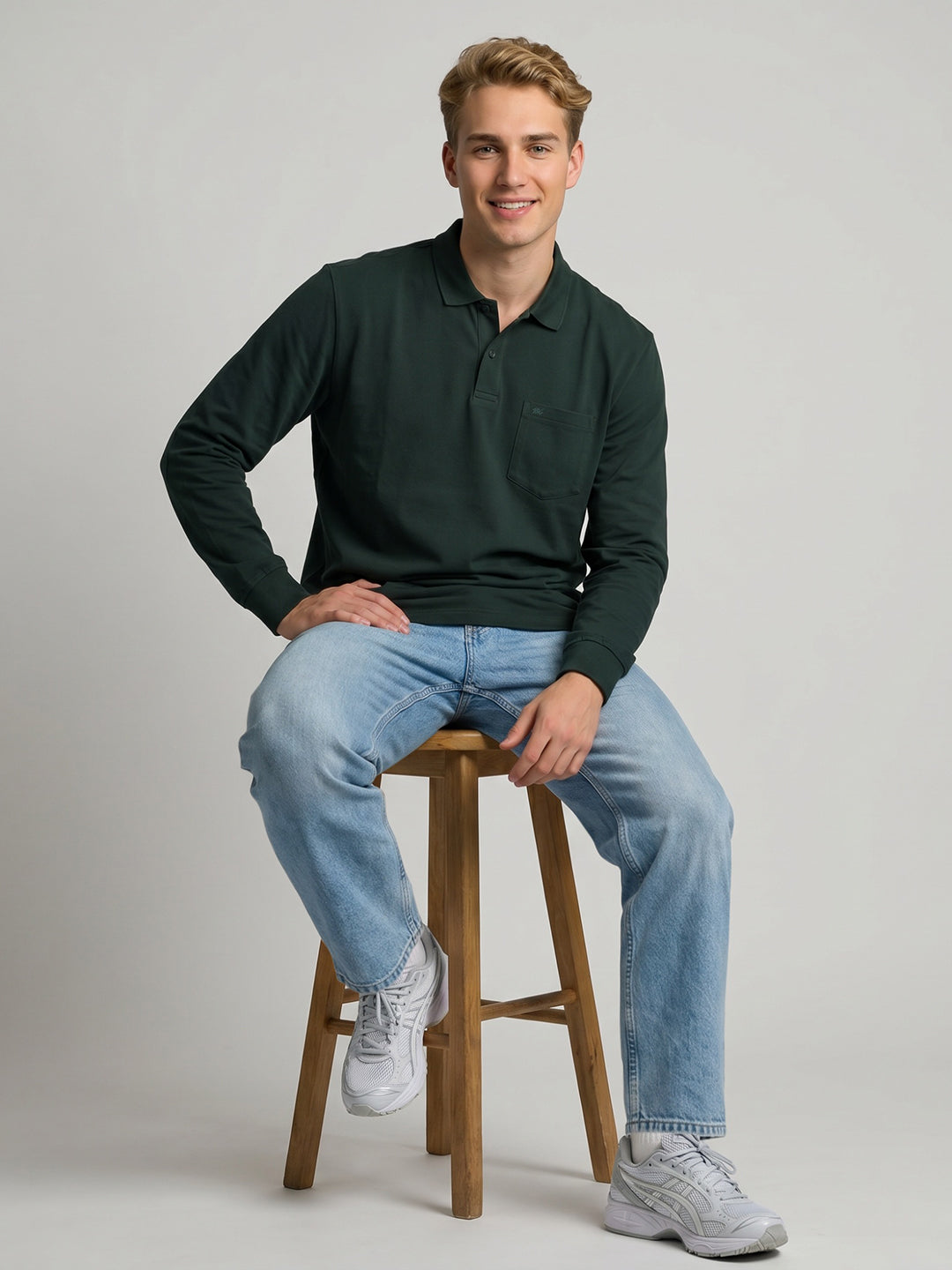 Men Green Solid Polo Collar Full Sleeve T-Shirt