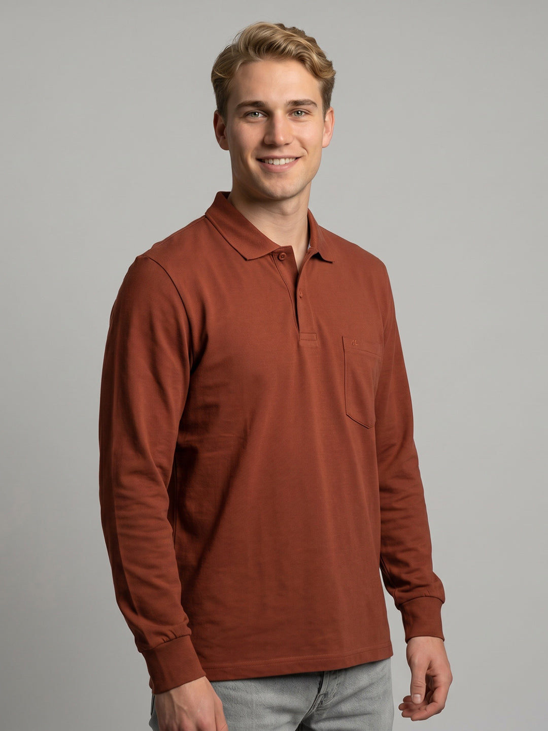 Men Rust Solid Polo Collar Full Sleeve T-Shirt