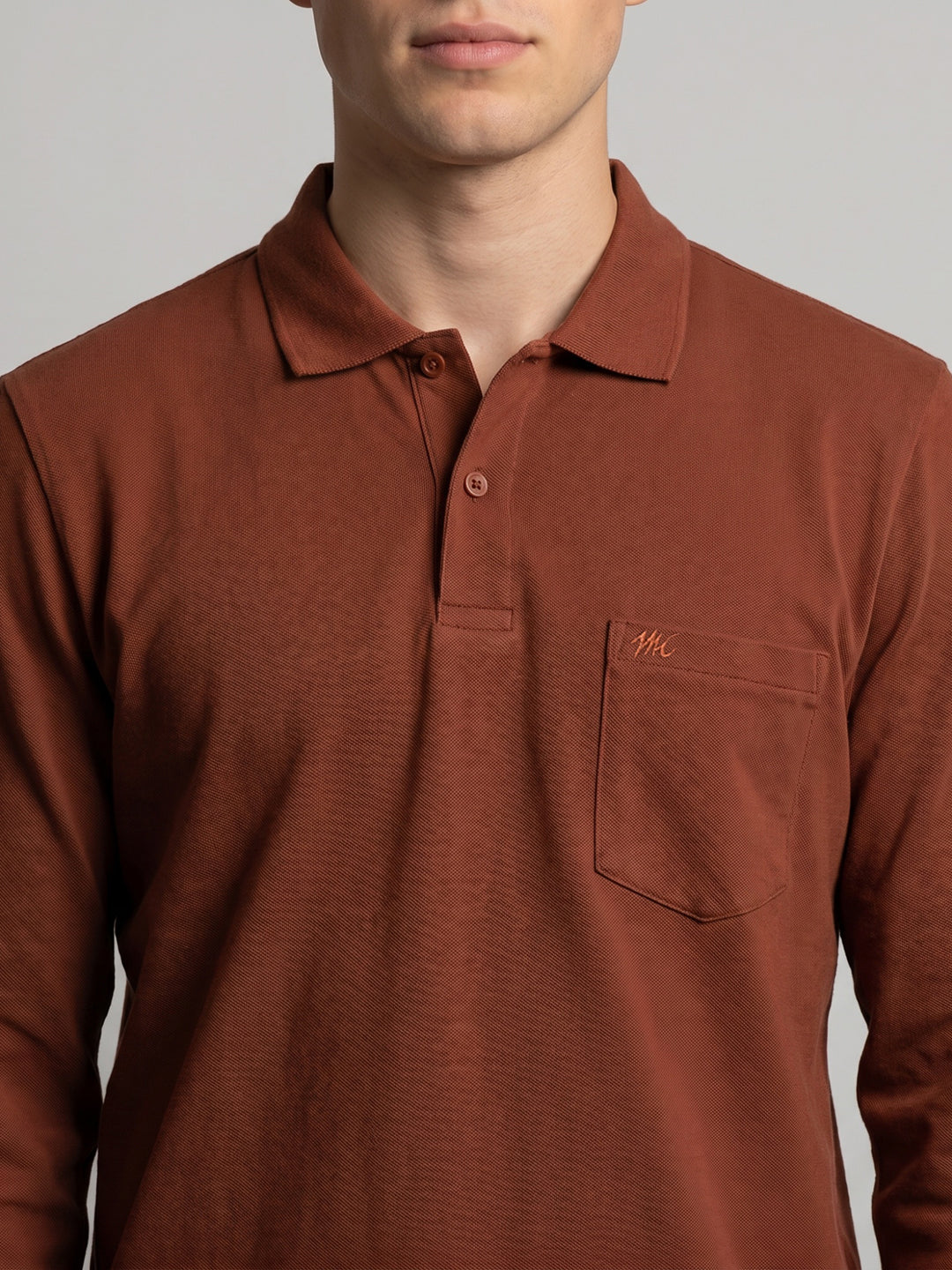 Men Rust Solid Polo Collar Full Sleeve T-Shirt