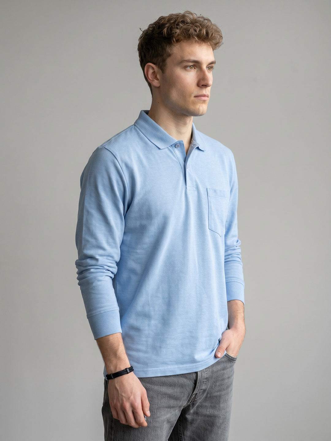 Men Sky Blue Solid Polo Collar Full Sleeve T-Shirt