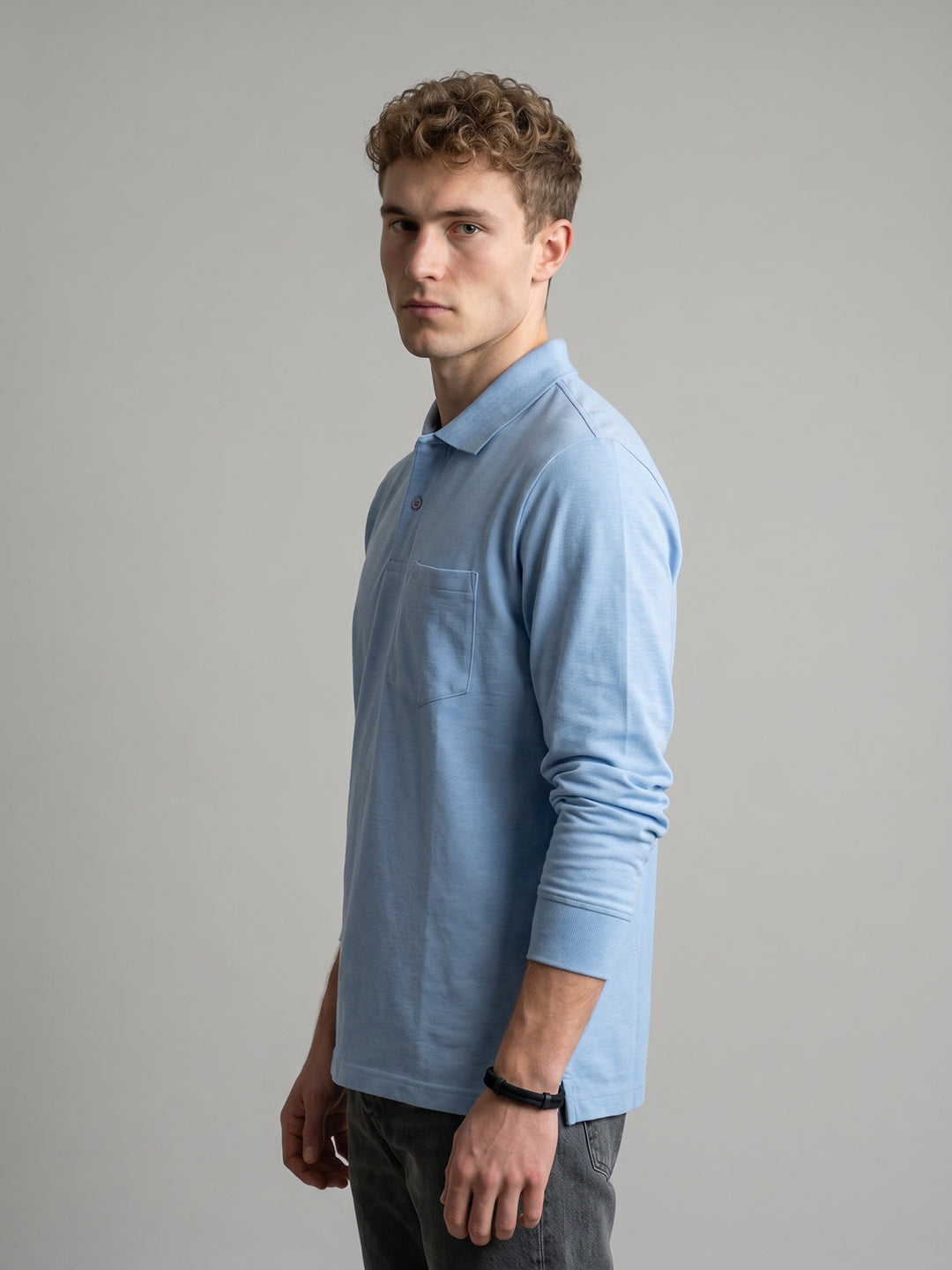 Men Sky Blue Solid Polo Collar Full Sleeve T-Shirt