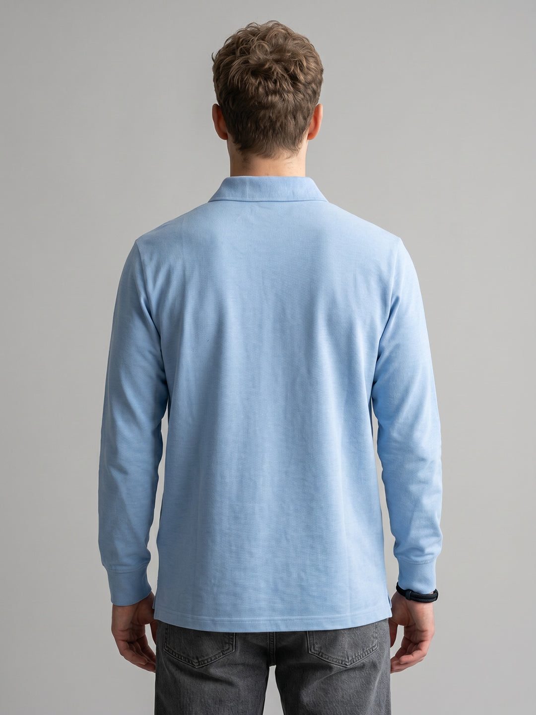 Men Sky Blue Solid Polo Collar Full Sleeve T-Shirt