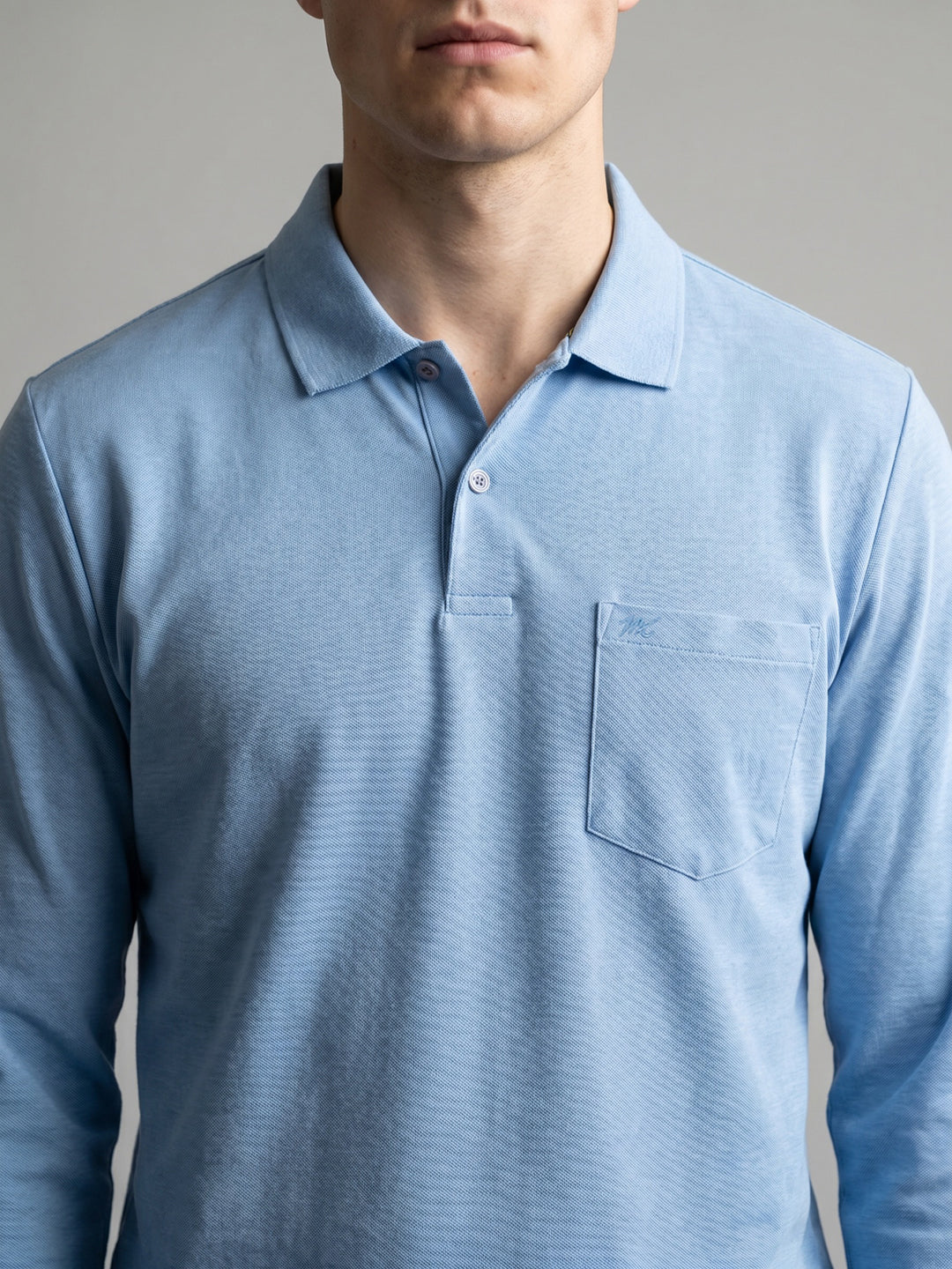 Men Sky Blue Solid Polo Collar Full Sleeve T-Shirt