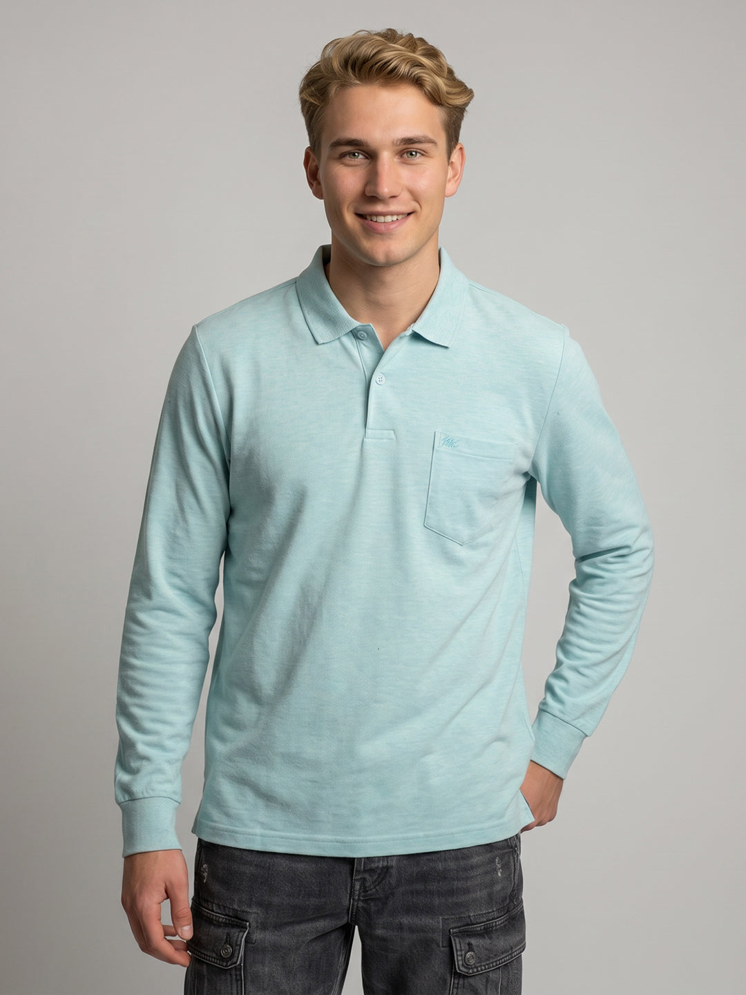 Men Seafoam Green Solid Polo Collar Full Sleeve T-Shirt