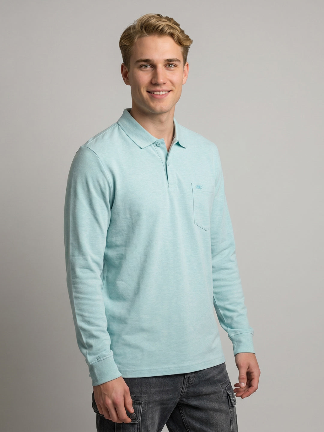 Men Seafoam Green Solid Polo Collar Full Sleeve T-Shirt