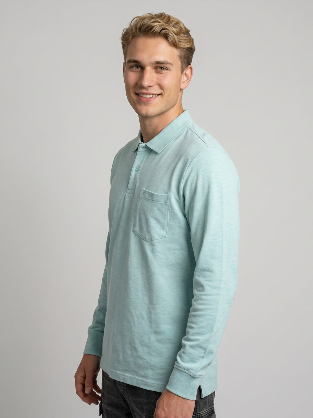 Men Seafoam Green Solid Polo Collar Full Sleeve T-Shirt