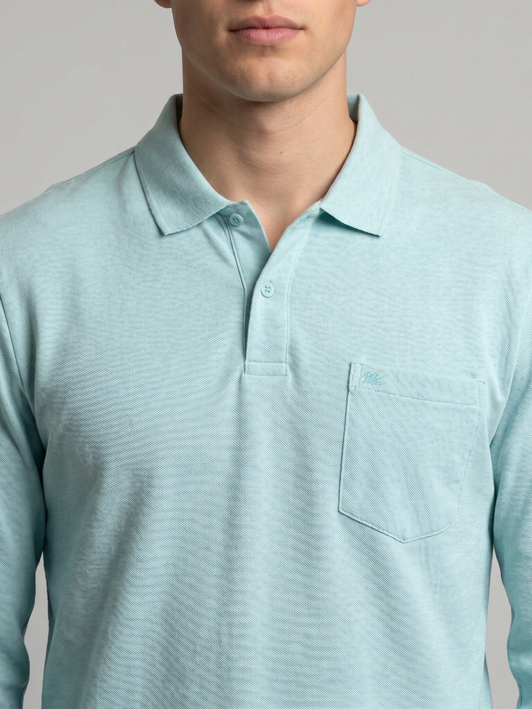 Men Seafoam Green Solid Polo Collar Full Sleeve T-Shirt
