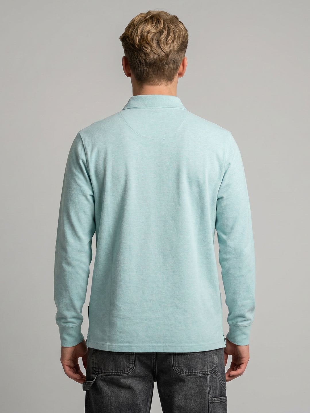 Men Seafoam Green Solid Polo Collar Full Sleeve T-Shirt