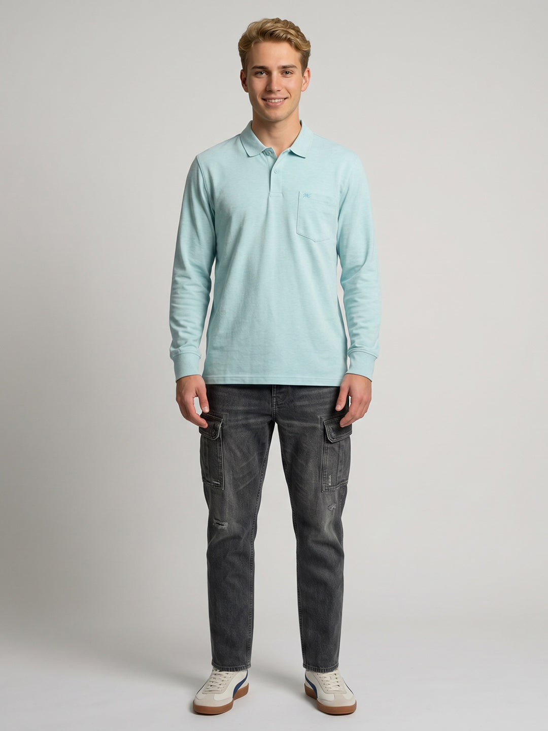 Men Seafoam Green Solid Polo Collar Full Sleeve T-Shirt